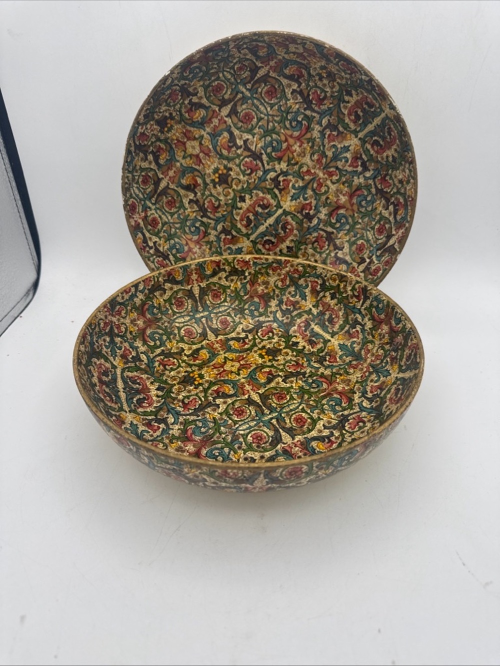 2 VTG MCM Viking Paper Mache Bowl Import Japan Floral Pattern 9”